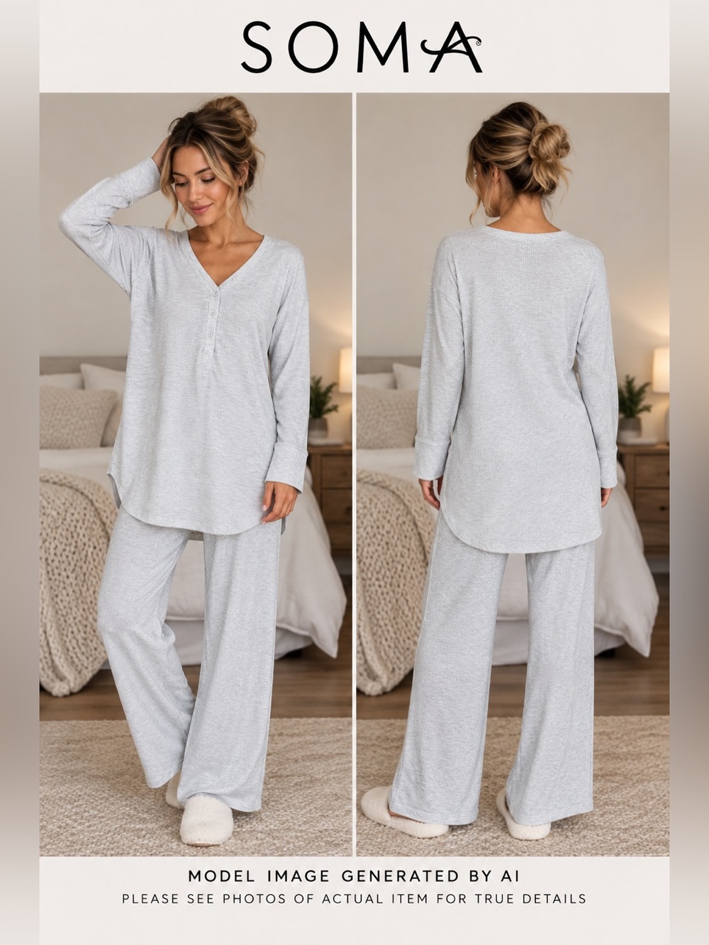 Soma Waffle Knit Pajama Set Henley Tunic Top Wide Leg Pants Lounge Sleepwear M